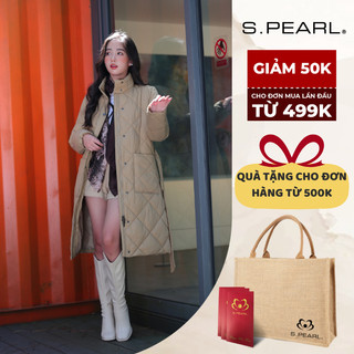 Áo khoác phao nữ spearl dáng dài 3 lớp dày dặn thắt đai có túi hộp trước áo - 231jw3007