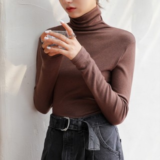 Áo giữ nhiệt nữ lót lông cổ cao chất thun cotton dày ấm kiểu áo phông nữ tay dài cổ lọ dáng ôm dài DT2