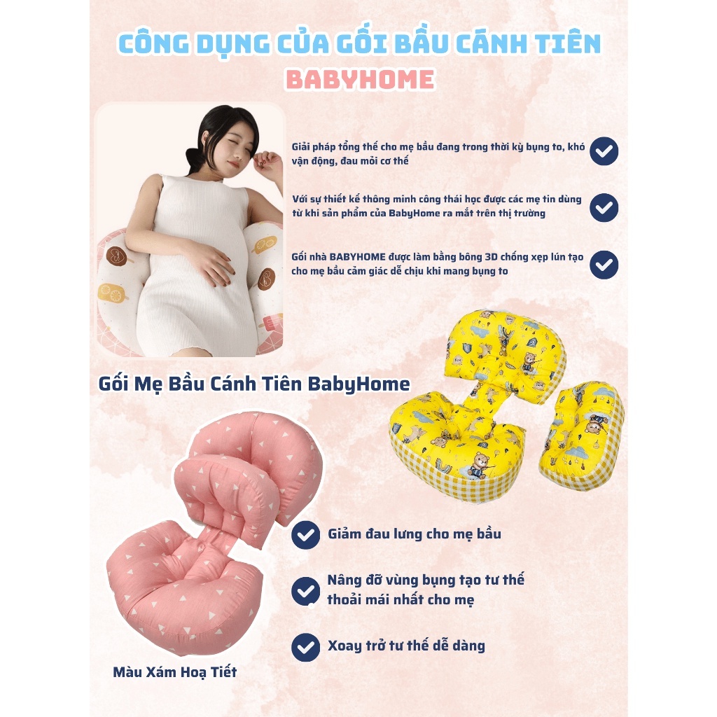 Gối bầu cánh tiên kèm gối phụ kê đỡ bụng HABU tựa lưng cho mẹ bầu gối bầu cánh tiên sợi cotton bông 3D chống lụt xún