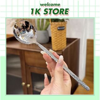 Thìa Inox, Muỗng Cà Phê Cán Dài Màu Bạc Hoa Văn Thép Không Gỉ Sáng Bóng Cầm Nặng Tay Sang Trọng, Bền Bỉ