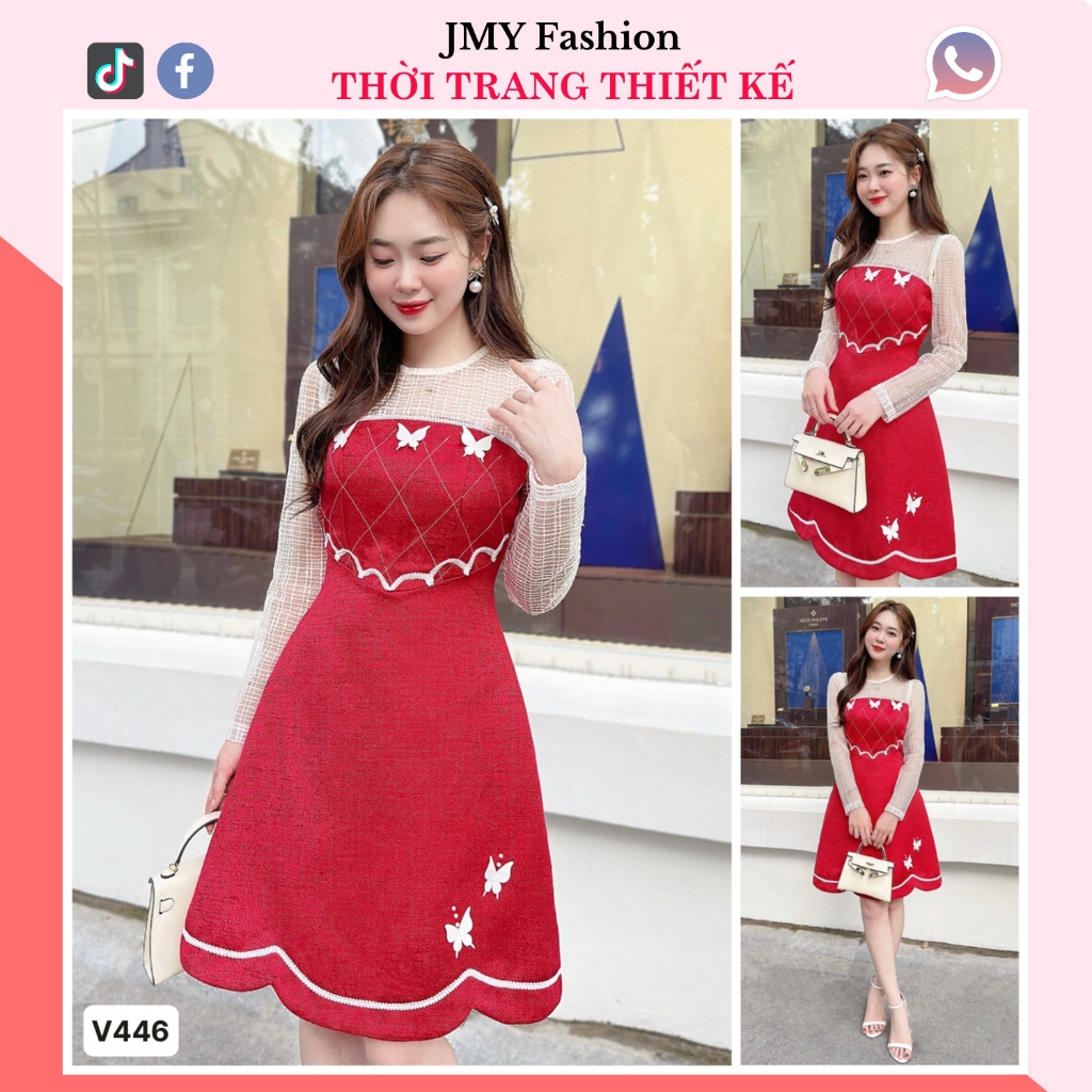 váy đỏ dáng A viền ren đính họa tiết nổi nữ tính