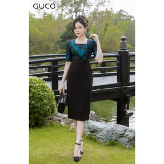 Đầm gấm phối tùng dáng body - xanh d10038