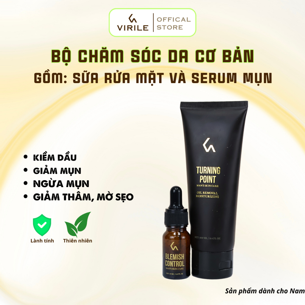 Bộ Sản Phẩm Chăm Sóc Da Nam Giảm Mụn Viêm Sưng Virile Gồm Sữa Rửa Mặt 100ml + Serum Giảm Mụn 10ml