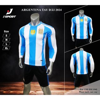 Quần áo bóng đá tuyển Argentina tay dài sọc trắng xanh logo thêu 3 sao mẫu mới nhất thun lạnh cao cấp A26