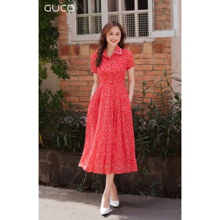 Đầm xòe hoa nhí cổ sơ mi - đỏ 4410d