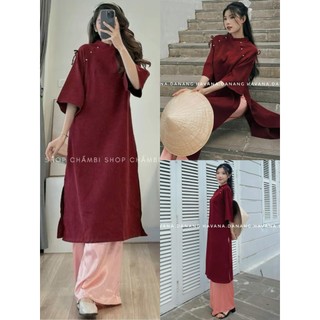Set áo dài đỏ cách tân tay buộc nơ mặc 2 kiểu kèm chân váy/ quần suông tết, Áo dài cách tân nhung đính ngọc cổ tay lửng