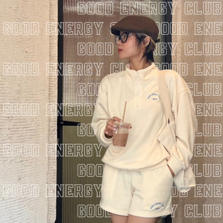 Áo Sweater cổ fecmotuya Short From rộng Dài Tay Chất Liệu Nỉ Cotton, Màu be và màu xanh