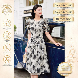 Đầm hoa công sở kiểu tà đổ OLIVIA STORE chất tơ vân gấm in hoa đen trên nền vải kem cực tôn dáng và sang trọng