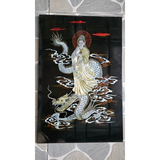 Tranh sơn mài cẩn ốc chìm đẹp quan thế âm bồ tát cưỡi rồng 40x60 cm