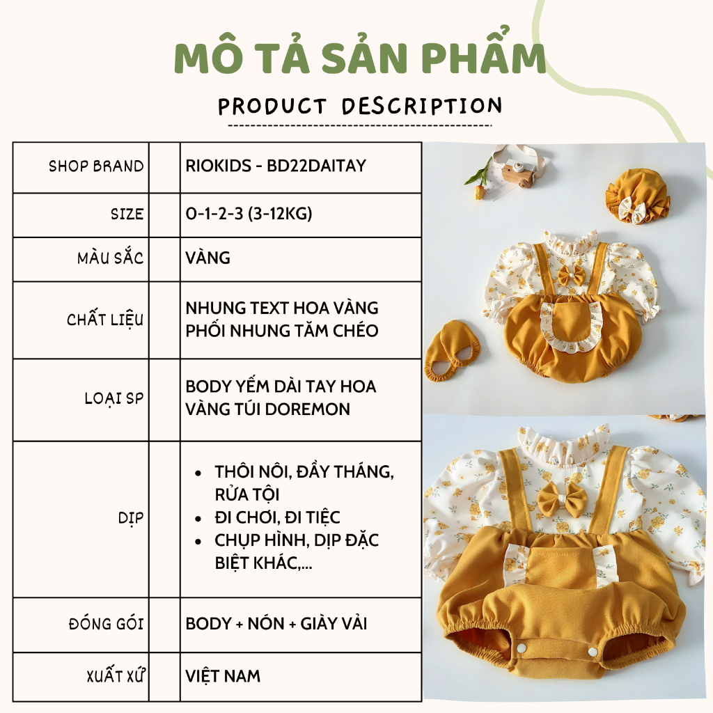 Body yếm cho bé gái sơ sinh RIOKIDS, quần áo đầy tháng thôi nôi, đi chơi, Lễ Tết nhung vàng BD22
