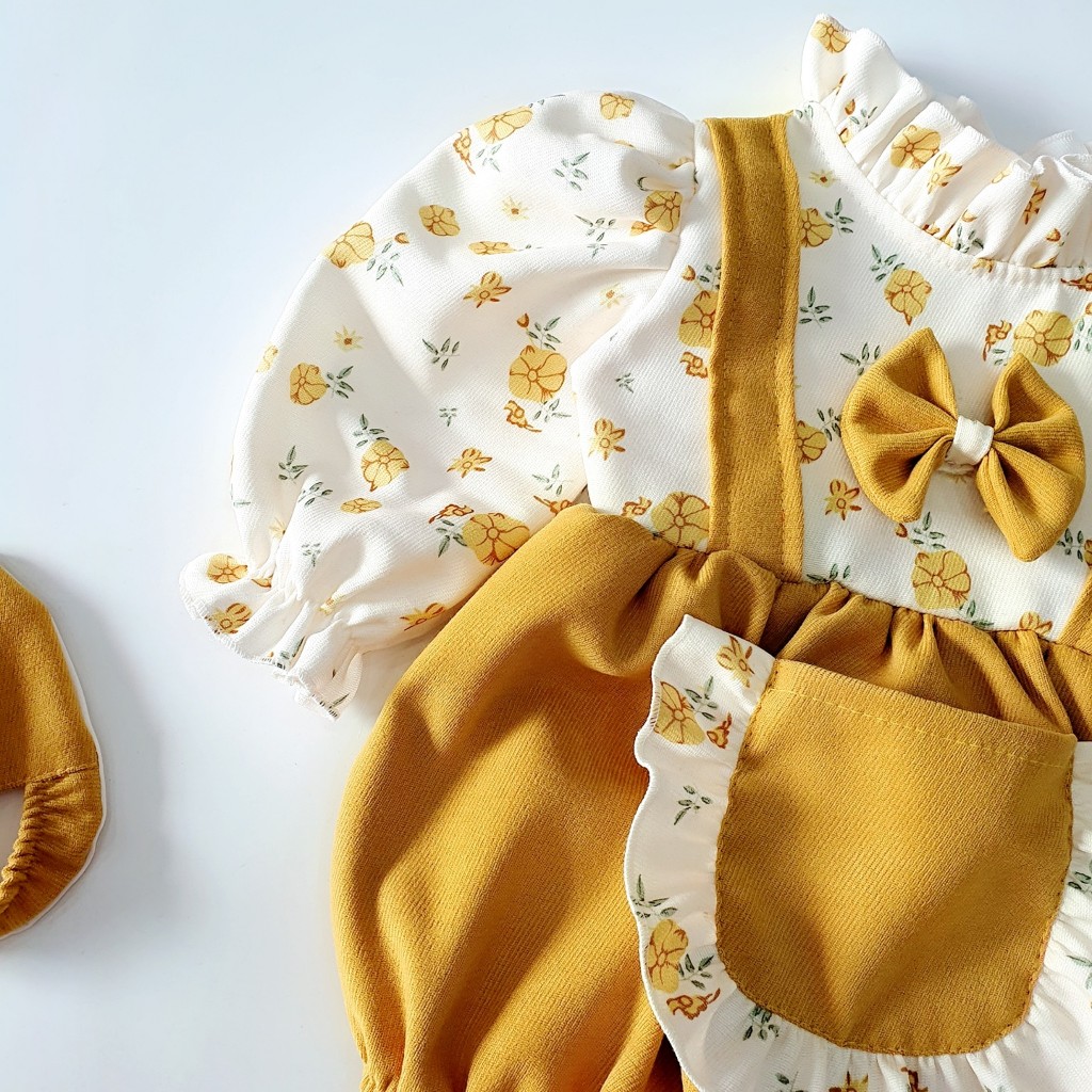 Body yếm cho bé gái sơ sinh RIOKIDS, quần áo đầy tháng thôi nôi, đi chơi, Lễ Tết nhung vàng BD22