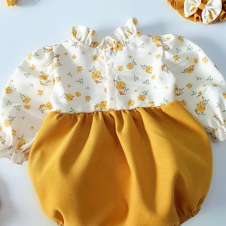 Body yếm cho bé gái sơ sinh RIOKIDS, quần áo đầy tháng thôi nôi, đi chơi, Lễ Tết nhung vàng BD22