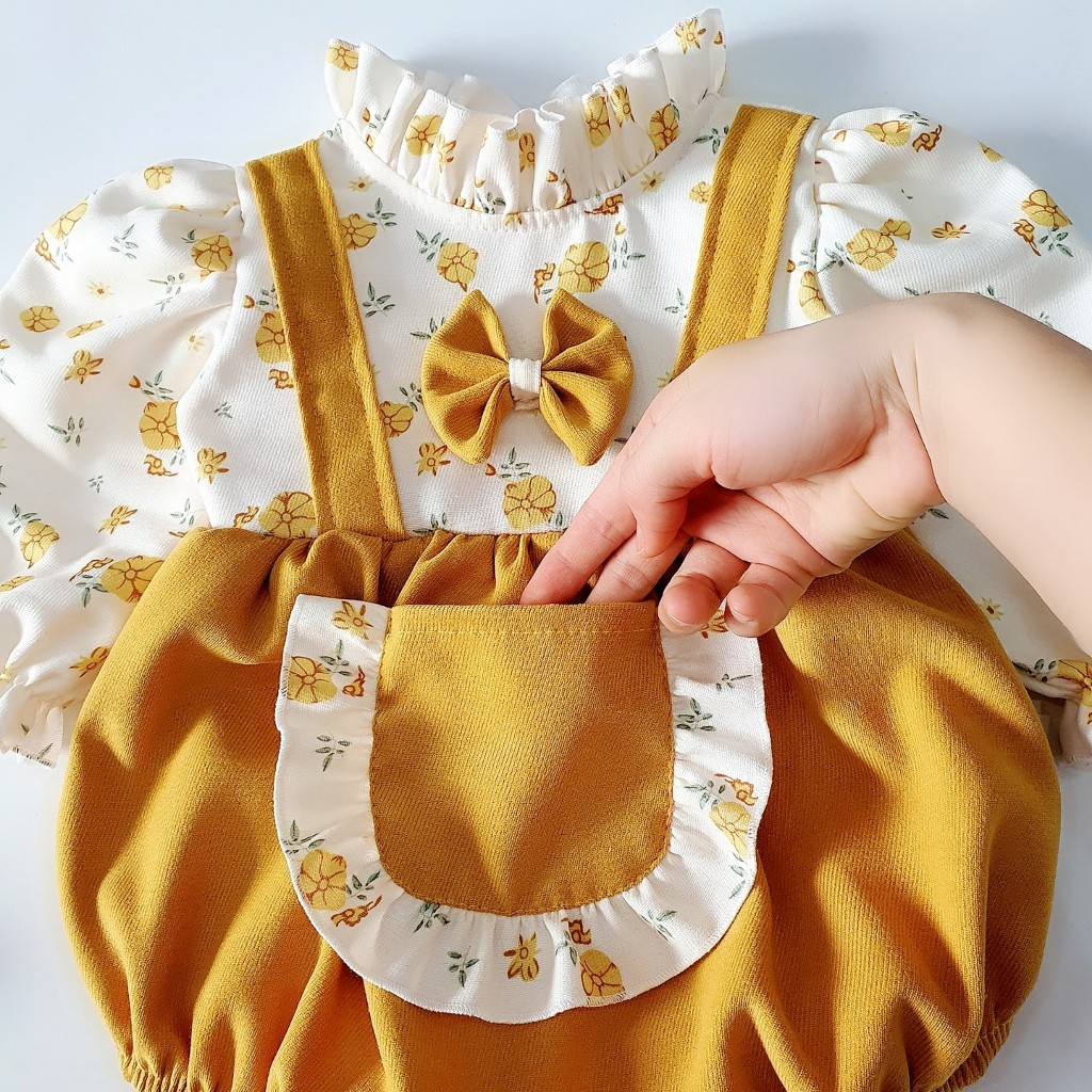 Body yếm cho bé gái sơ sinh RIOKIDS, quần áo đầy tháng thôi nôi, đi chơi, Lễ Tết nhung vàng BD22