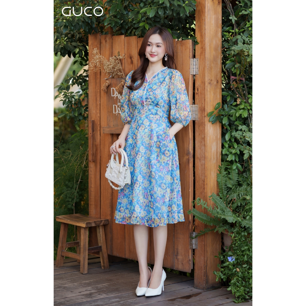 Đầm Xoè Hoa Vàng Cổ V Tay Lỡ Xanh 4376