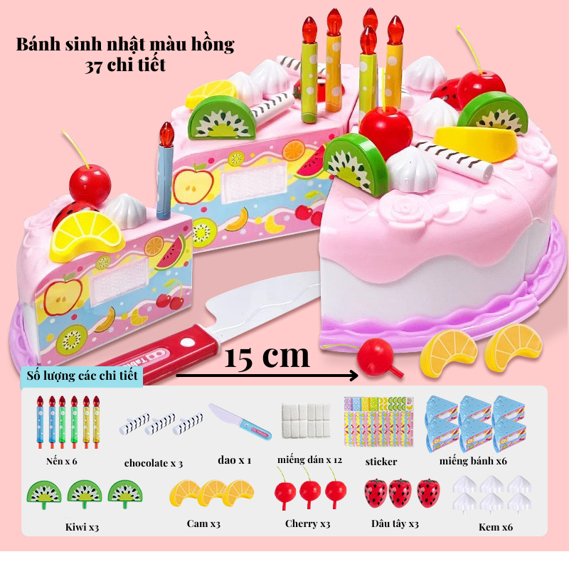 Đồ chơi cắt bánh sinh nhật 37 chi tiết, cắt bánh pizza,  bộ đồ chơi nấu ăn nhà bếp cho bé, quà tặng sinh nhật cho bé