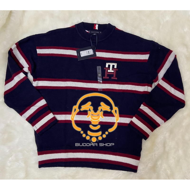 Áo len nam sọc thêu logo cổ tròn Tommy Hilfiger size 85-95kg