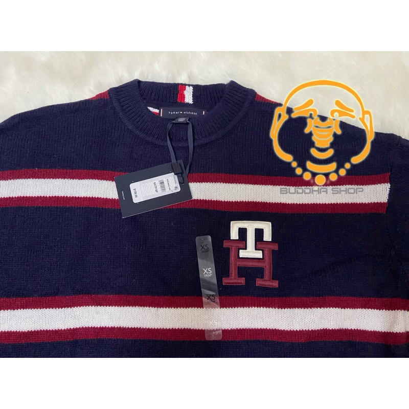 Áo len nam sọc thêu logo cổ tròn Tommy Hilfiger size 85-95kg