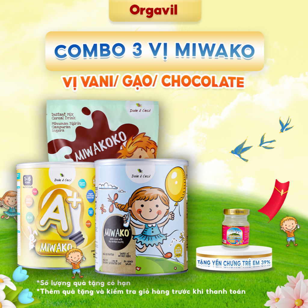 Sữa Công Thức Hạt Thực Vật Hữu Cơ Miwako Vị Gạo, Miwakoko Vị Cacao, Miwako A+ Vị Vani Hộp 700g - Orgavil