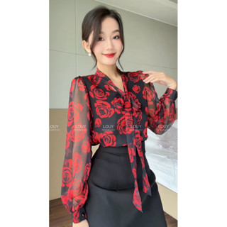 Áo sơ mi tơ hoa hồng cổ nơ cách điệu