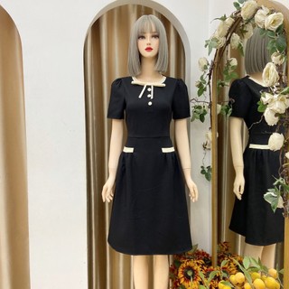 Đầm công sở Nhật Vy cổ tròn đính dây nơ cúc bọc chất lụa thanh lịch phù hợp dạo phố dự tiệc - D2954