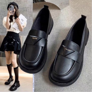 Giày lười da đế dày màu đen phong cách anh quốc cổ điển thời trang cho nữ size 35-59