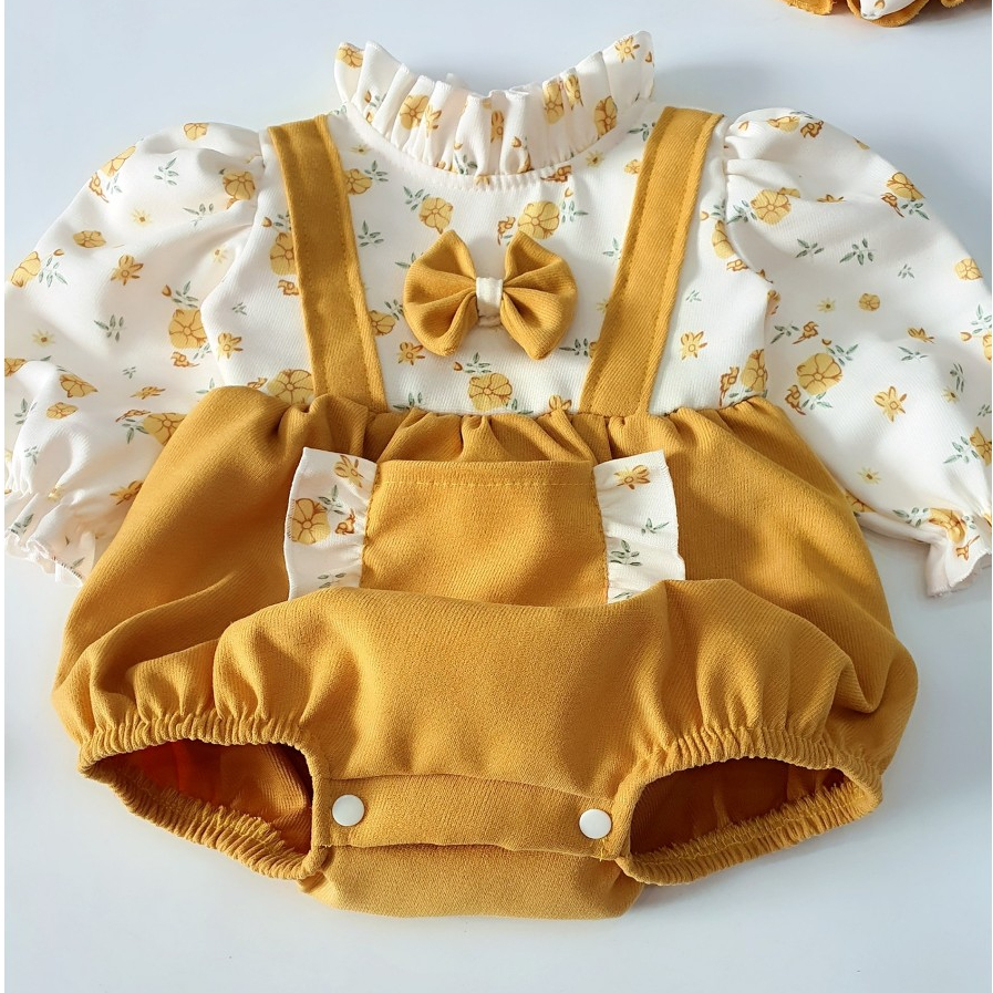 Body yếm cho bé gái sơ sinh RIOKIDS, quần áo đầy tháng thôi nôi, đi chơi, Lễ Tết nhung vàng BD22