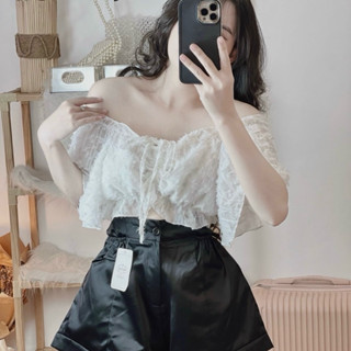 [Hot] ÁO TRỄ VAI CHẤT REN BÔNG XÙ - ÁO KIỂU DÁNG NGẮN THẮT NƠ BO CHUN EO DỄ THƯƠNG LOẠI 1 XỊN