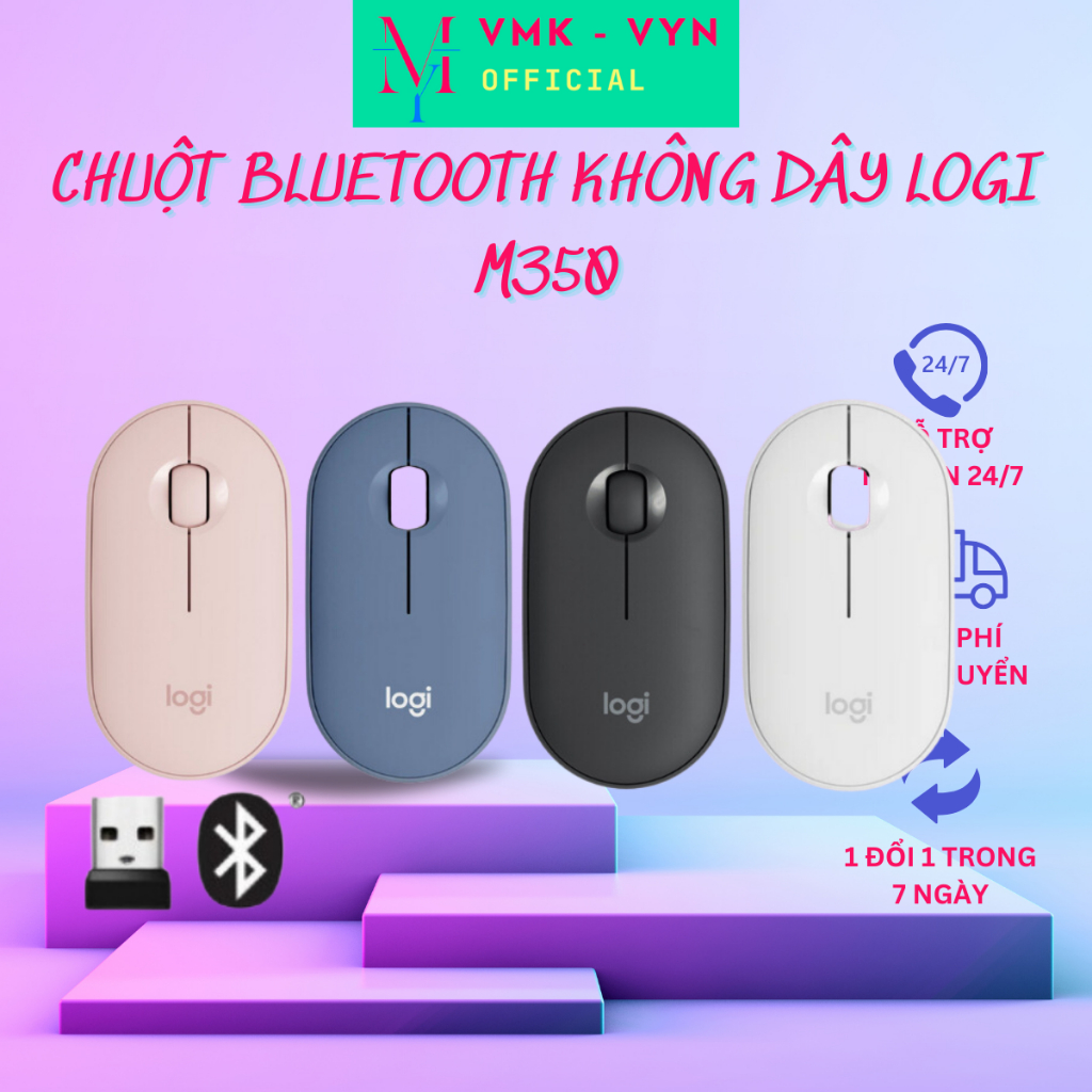 Chuột không dây Logi Pebble M350 - Bluetooth/ USB, nhỏ gọn, giảm ồn, MacOS / PC -VMK-VYN
