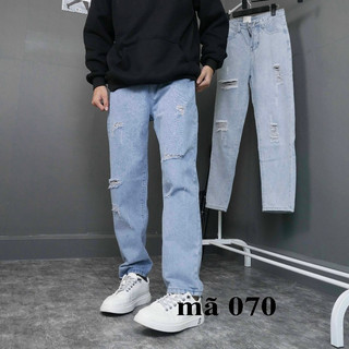 Quần jean baggy nam nữ rách gối ống suông xuông rách màu xanh rách xước hàn quốc Pon.mens