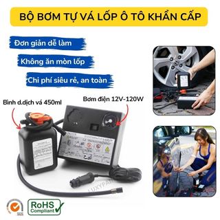 Bộ bơm vá lốp ô tô khẩn cấp LUXYPAINTS, Keo vá lốp không săm kèm bơm lốp xe ô tô cao cấp bảo hành 12 tháng