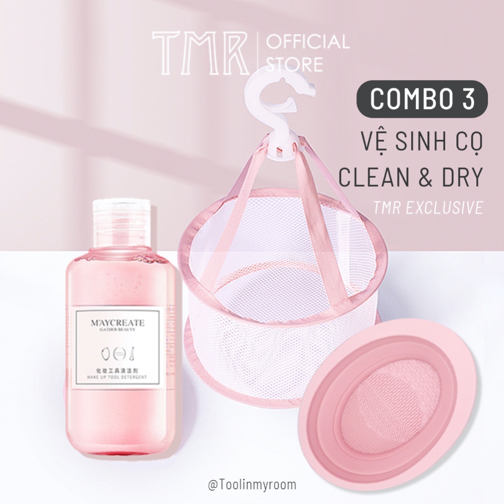 Bộ 3 dụng cụ vệ sinh cọ trang điểm TMR Clean and Dry Combo set giỏ phơi cọ, nước rửa cọ tiện lợi