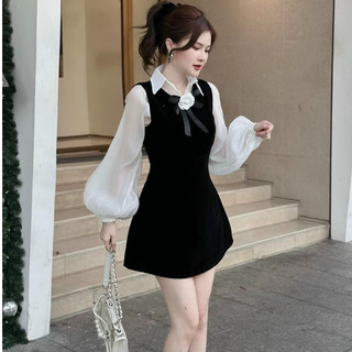 Đầm Nhung Xòe Phối Cổ Bẻ Nơ Hoa Tay Dài