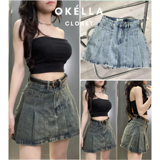 Chân váy Jean xòe màu rêu bụi, chân váy bò xếp ly dáng ngắn Okélla (có quần bên trong-không kèm belt)