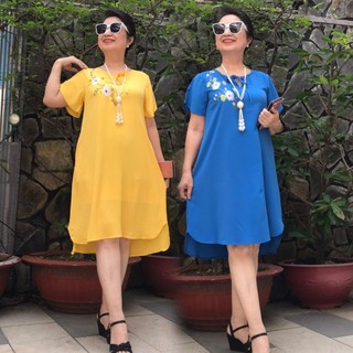 Size L, XL, 2XL (50 - 72Kg) - Váy Đầm Trung Niên Suông A Thêu Hoa Lệch Tà - Voan Xốp Thái Giãn Nhẹ