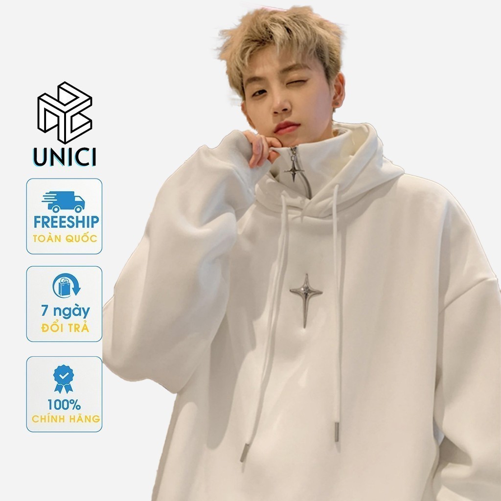 Áo hoodie nam nữ cổ cao dáng rộng phối khóa kéo thời trang kiểu Ninja, áo nỉ hoodie Retro Mỹ, áo khoác hoodie zip hot