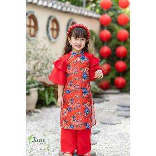 Áo dài bé gái JUNE hoa đỏ xanh - 	AD218