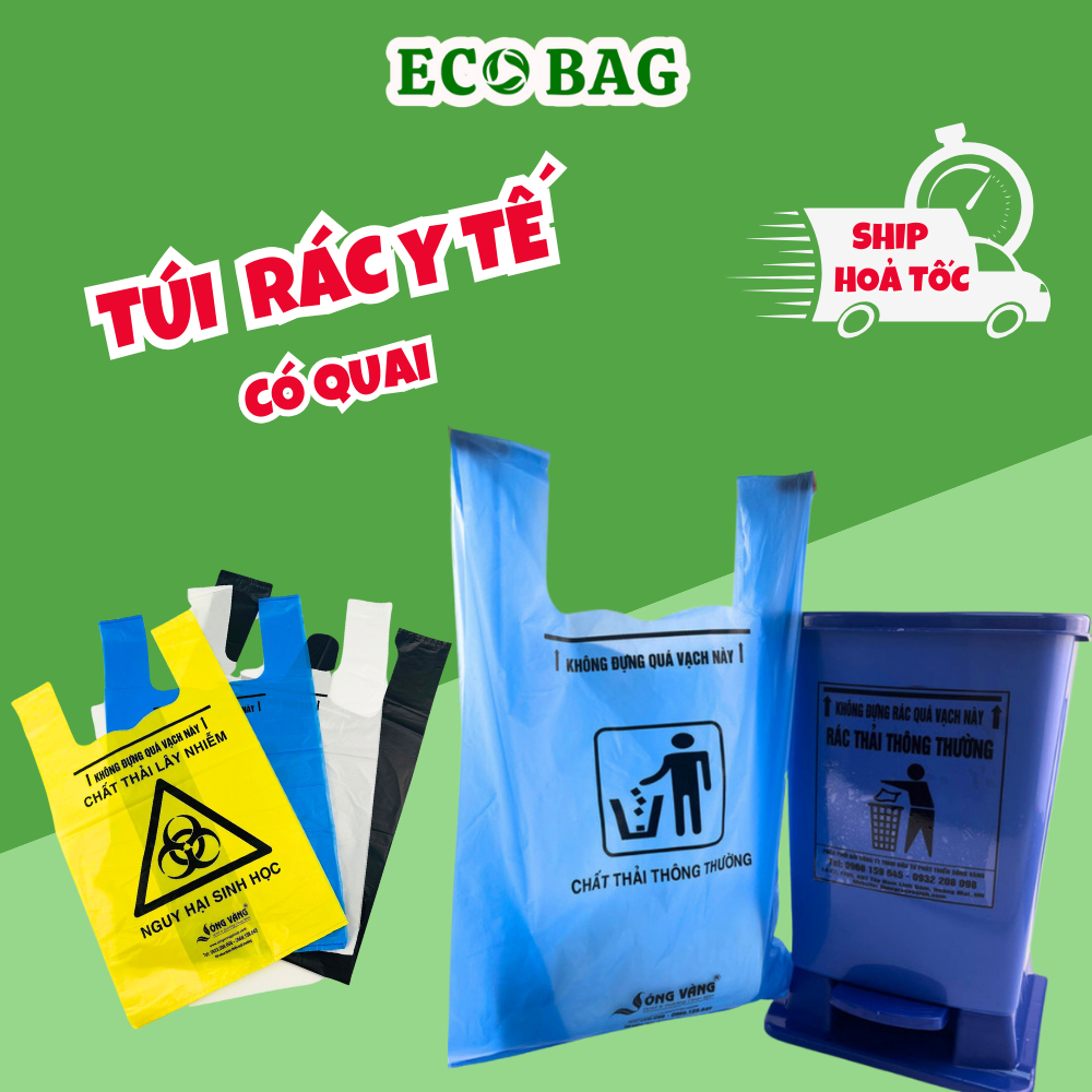Túi đựng rác y tế có quai 1KG tự hủy đựng chất thải y tế xanh vàng đen trắng phân loại rác đủ size