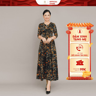 Váy trung niên LYBEE LV757 chất lụa cao cấp màu đen họa tiết sang trọng bắt mắt