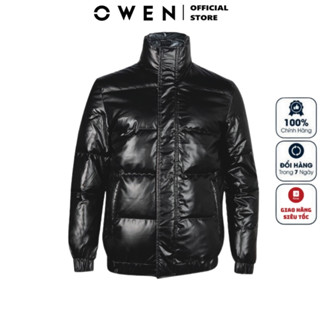Áo Khoác Phao Nam Owen JK220725 Jacket Dáng Suông Không Mũ Cổ Đứng Bo Tay và Gấu Màu Đen Bóng Vải Polyester Cao Cấp