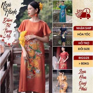 Đầm Lụa Tặng Mẹ Dáng Suông Trang Nhã, 5 Màu Ngũ Hành Hợp Mệnh, 2 Lớp In Hoa Trang Nhã Dự Tiệc Sang Trọng, Helen Boutique