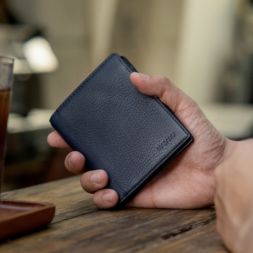 Ví da bò nam MASAMU Mal màu xanh Navy dạng đứng 2 ngăn