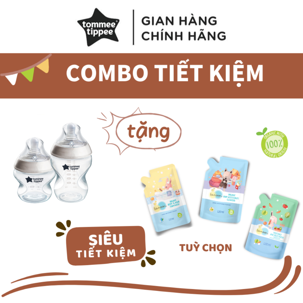 COMBO 2 Bình Sữa Tommee Tippee PP Ty Siêu Mềm Tự Nhiên TẶNG 1 Túi Nước Rửa/Sữa Tắm Organic Lamoon (Tuỳ Chọn)