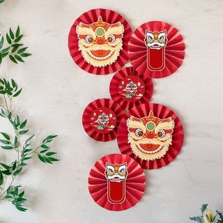 Set 6 quạt đầu lân trang trí Tết, quạt giấy gấp nếp decal Tết 2024