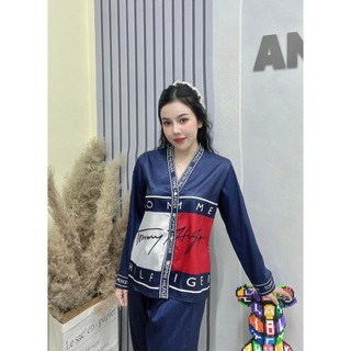 Đồ bộ nữ pijama ANH MỸ chất liệu lụa xước ánh kim cao cấp chính hãng cổ Y tay dài quần dài XUOCTDQD-CHUY1