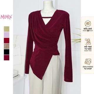 Áo kiểu nữ mimix trơn tay dài vạt nhọn cổ v phối nhún eo chất thun ánh nhũ sang trọng du3105