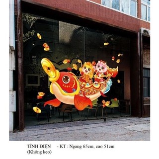Decal trang trí tết,hình dán trang trí hoa mai đào và lồng đèn con rồng (A14)