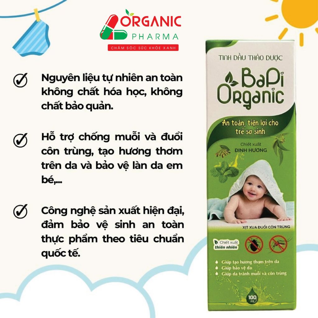 Tinh dầu đuổi muỗi BaPi Organic dùng xịt, khử mùi thơm phòng