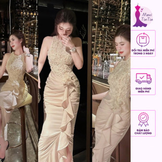 [Đầm tiệc] Đầm váy body cổ yếm phối ren chân váy bèo xẻ tà phong cách sexy tôn dáng sang chảnh sành điệu