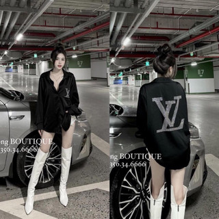 Áo sơ mi lụa tuyết đính đá LV siêu sang hang QC chất đẹp