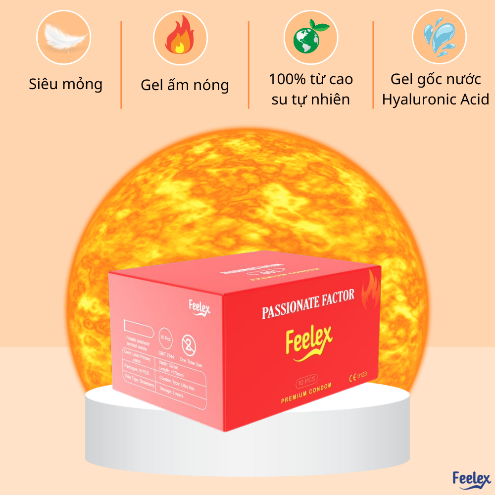 Bao cao su Feelex truyền nhiệt, siêu mòng, bôi trơn, size 52mm, hộp 10 bao